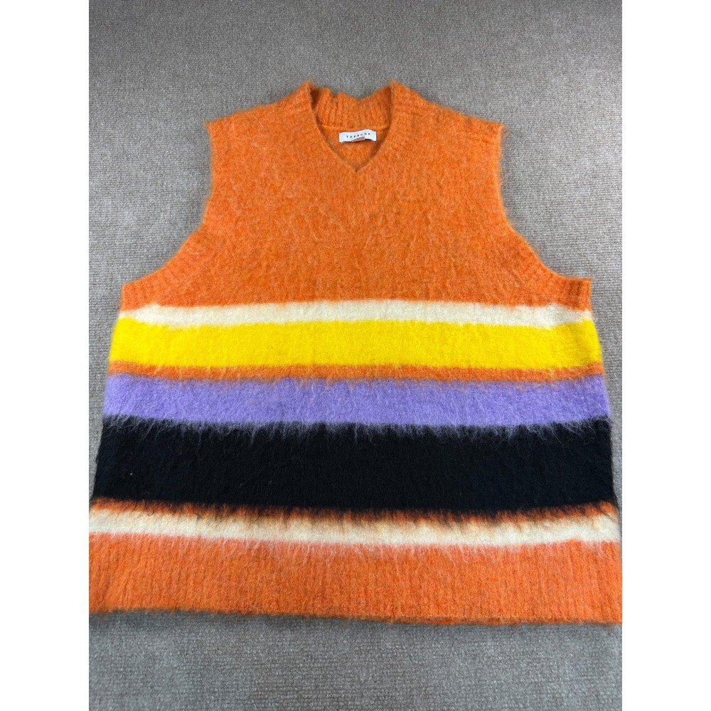 Topshop Orange Striped Fuzzy Knit V-Neck Sweater Vest Size M 8-10 Retro Boho